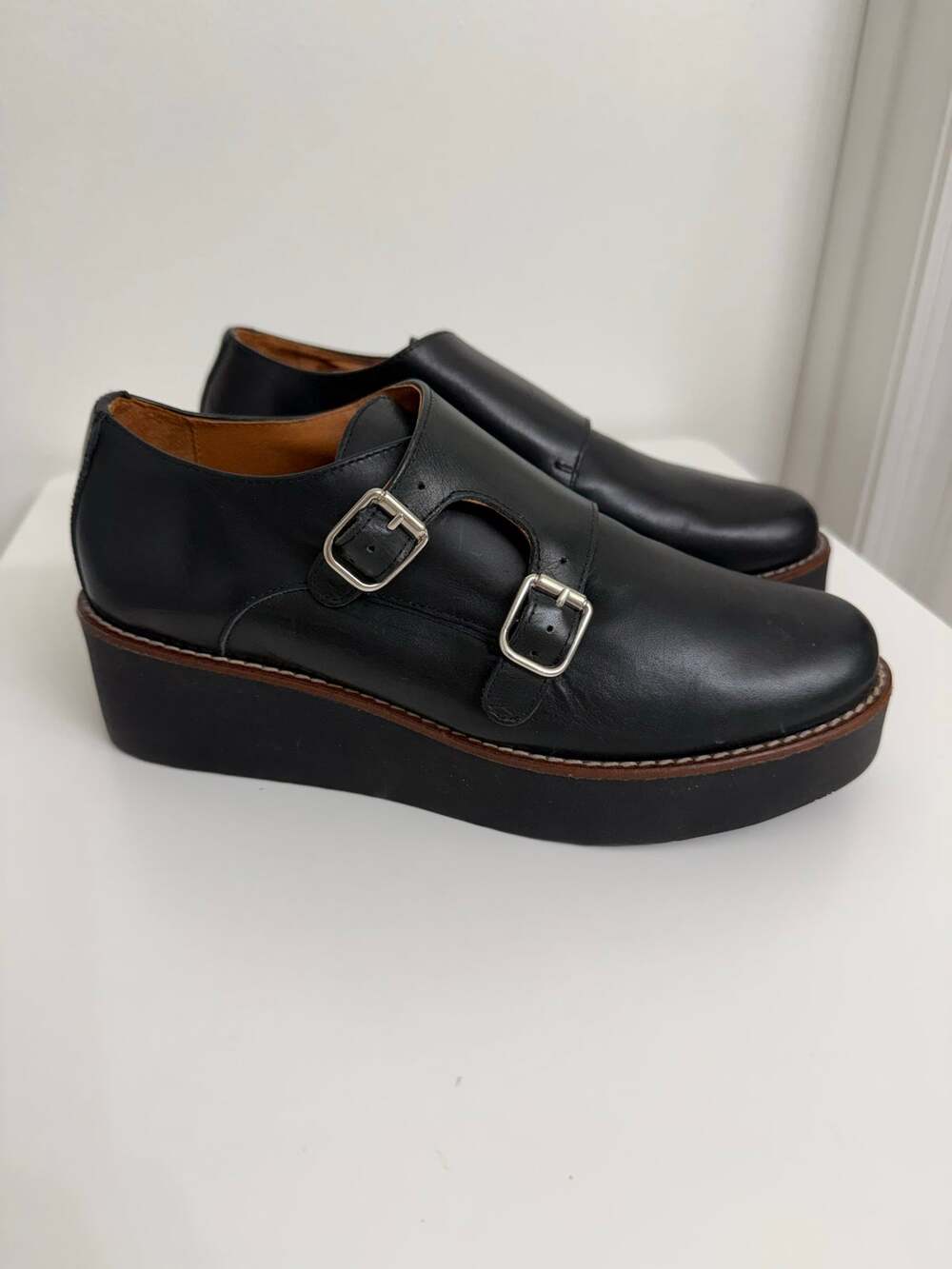 Anthropologie Zoey Platform Double Monk-Strap Oxfords Black Leather Sz 38 US 7.5